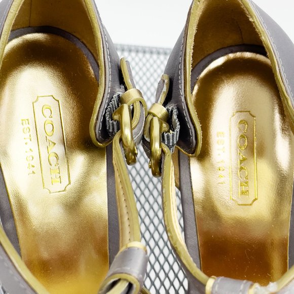 Coach Trixy Wedge Heel Sandal Gray Satin and Gold Trim Size 7 - Picture 4 of 6
